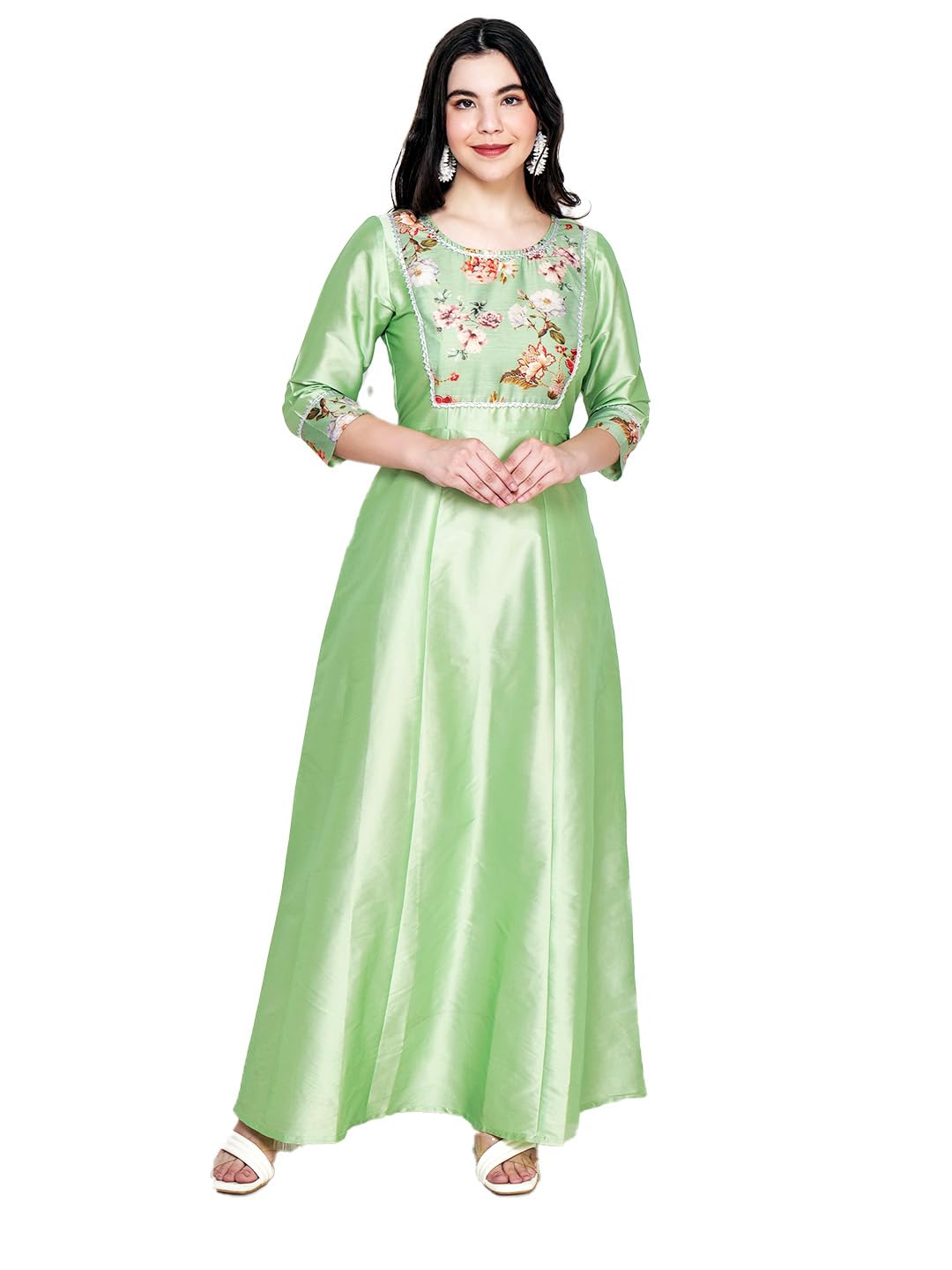 Frolic Rolic Women's Designer Stylish Flared/A-line Silk Maxi Gown Round Neck Ready to Wear Long Dress-image-13
