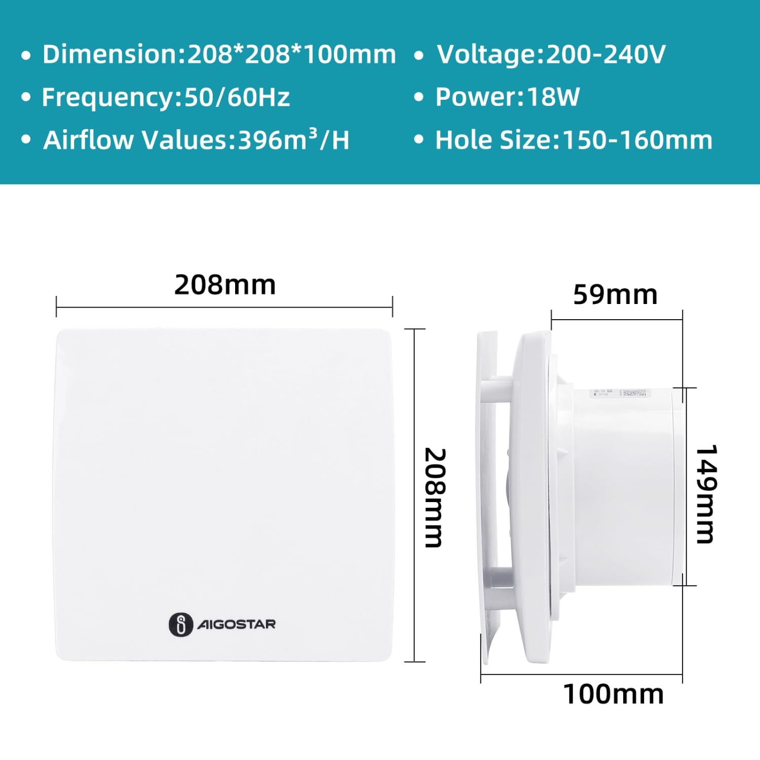 Aigostar Extractor de Baño 150mm, Extractor de Aire Silencioso con válvula Anti retorno, 18W, Ideal para Baño, Cocina, Garaje, Sótano
