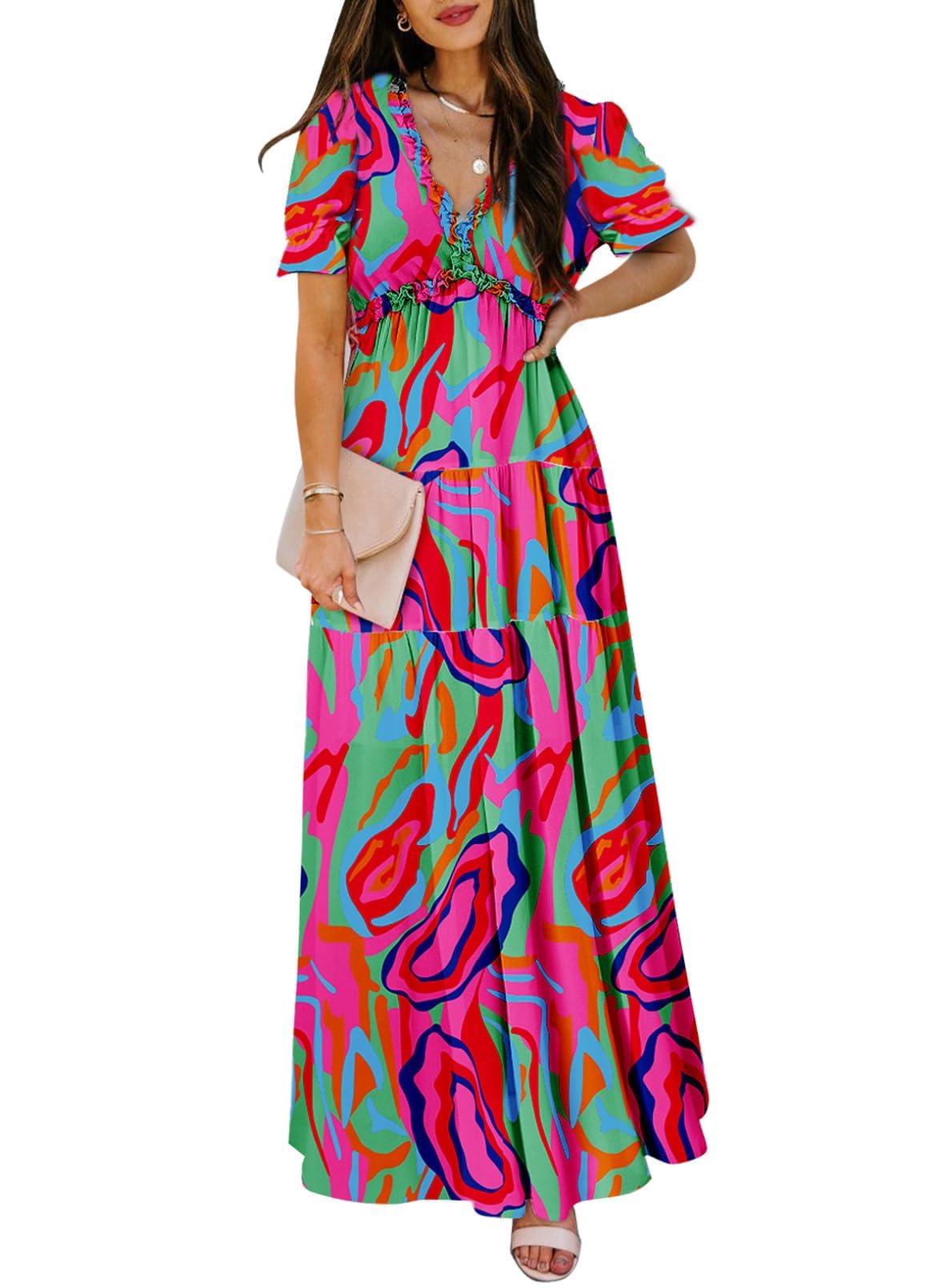 Womens Casual Boho Floral Printed V Neck Short Sleeve Long Evening Dress Ruched Cocktail Party Maxi Wedding Dress