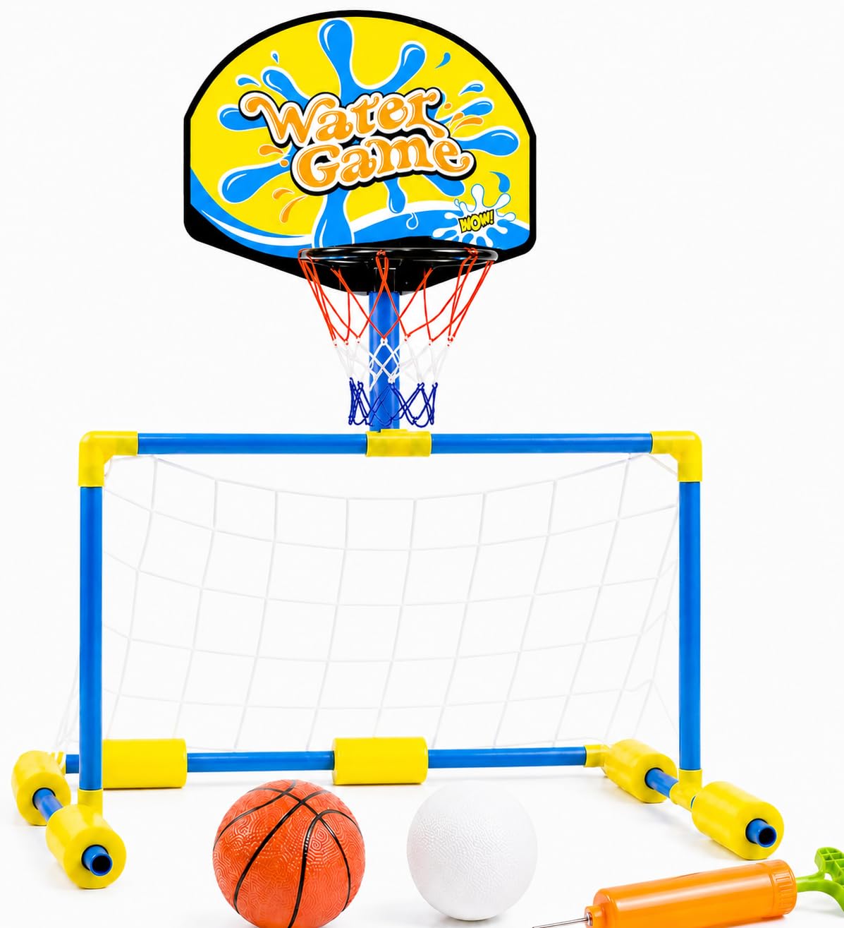 Juego de piscina 2 en 1: portería de balones de agua y canasta de baloncesto para niños y adultos, incluye pelotas, juego de agua perfecto para el verano