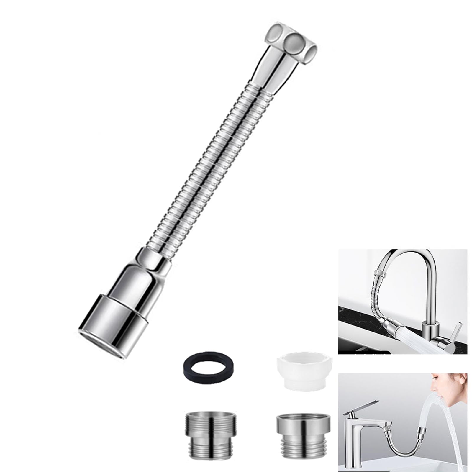 Prolunga Rubinetto Cucina 20cm Acciaio Inox Estensione 360° Girevole 2 Adattatori