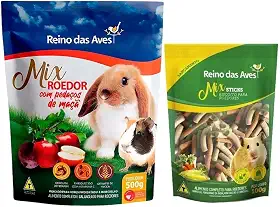 Ração Porquinho Da Índia e Mini Coelho 500g + Stick Biscoito Para Roedores 100g - Reino das Aves