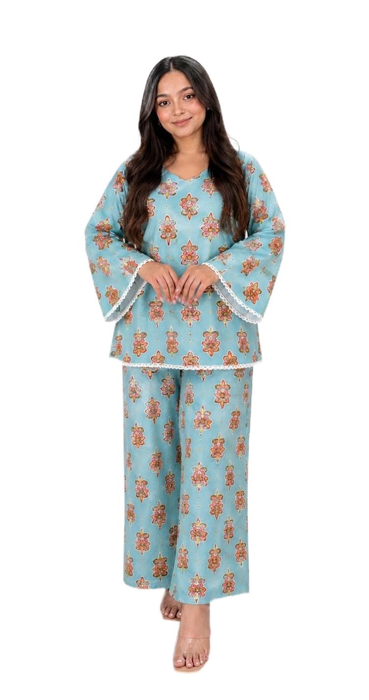 Women's Teal Floral Print Co-ord Set with Bell Sleeves-picture-20