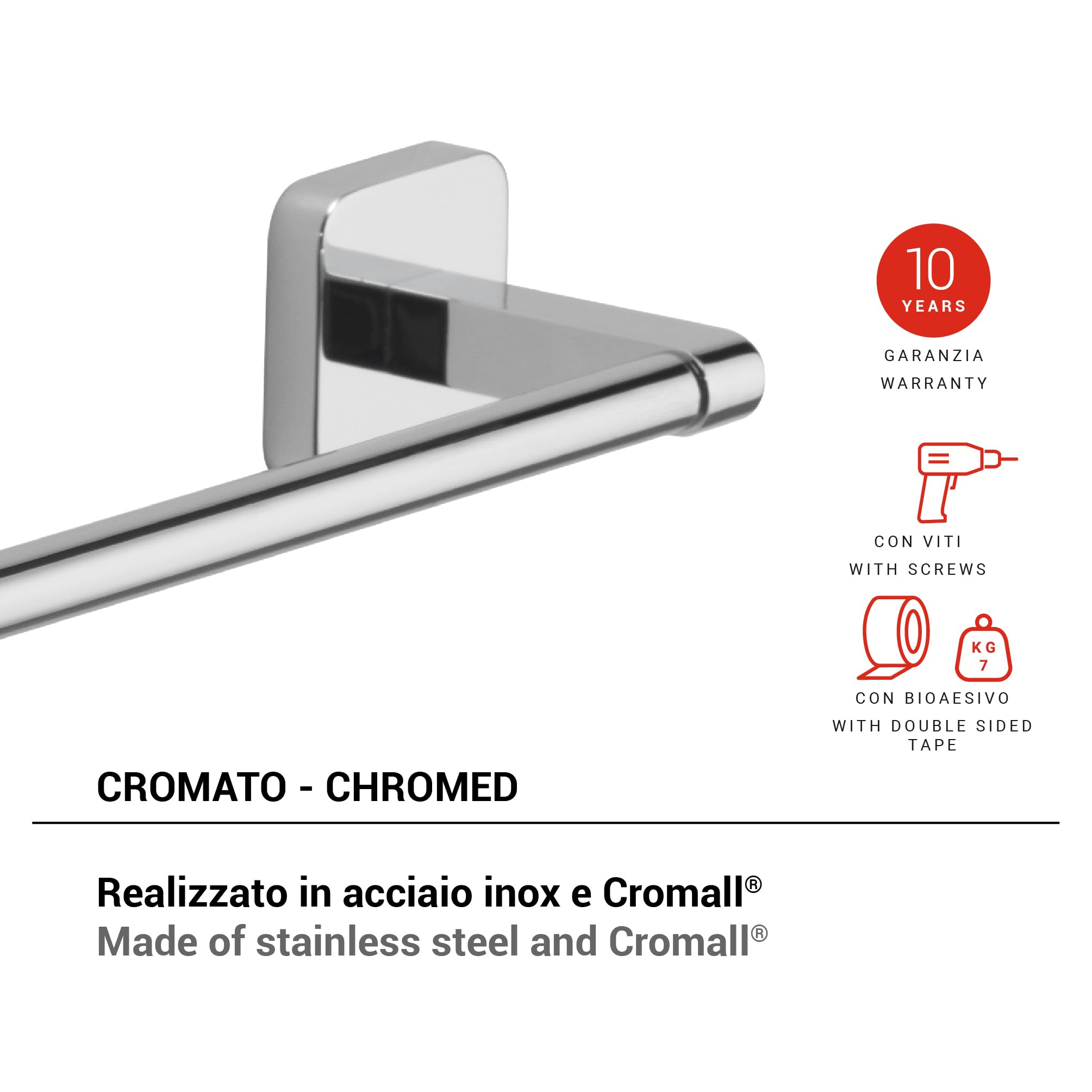 Gedy Tonga Porta Asciugamani Bagno da Parete Lunghezza 30cm, Porta Asciugamani Muro Fissaggio Tramite Viti o Adesivo, Finitura Cromato, Porta Salviette Bagno da Muro in Acciaio Inox e Cromall