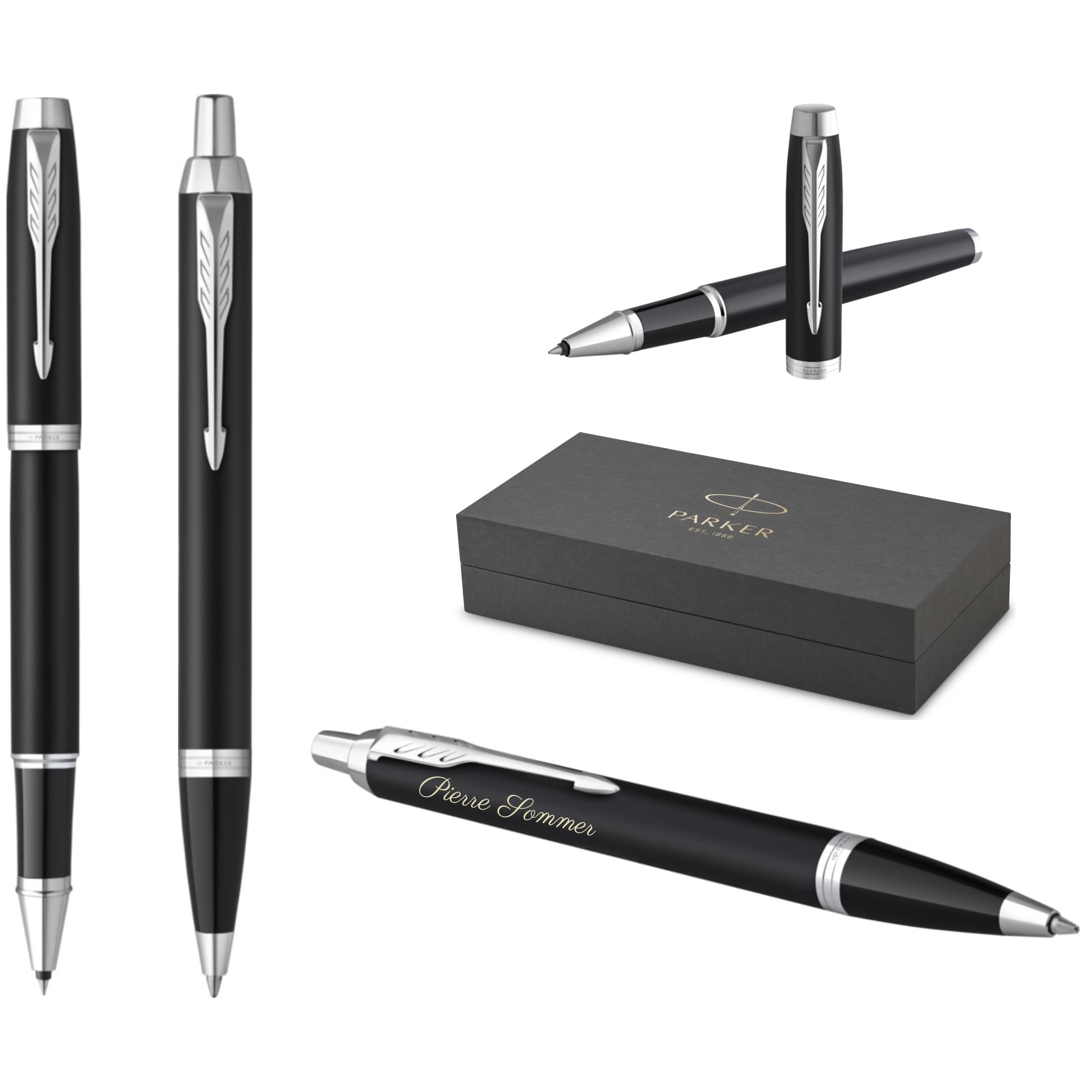 PARKER IM Core - Bolígrafo de punta redonda y bolígrafo con grabado | Premium Pen | Caja de regalo | mina negra | regalo personalizado | nombre | grabado | cumpleaños (Matte Black C.C)