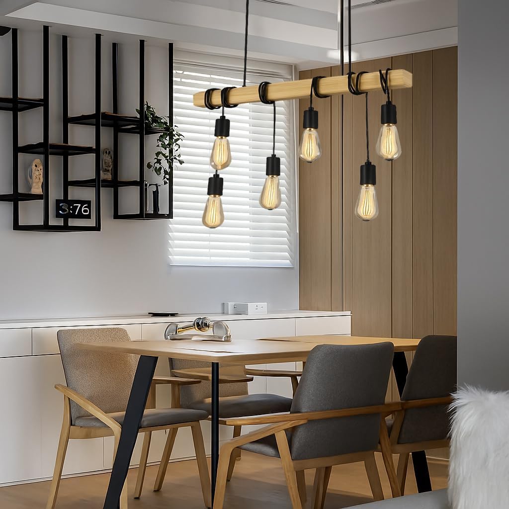 Lampada Sospesa a Soffitto con Paralume in Legno, Lampadario Design Industriale/Scandinavo con Attacco E27, per Cucina Isola Tavolo Bar, 110-240V, (Lampadina Non Inclusa) B47-6