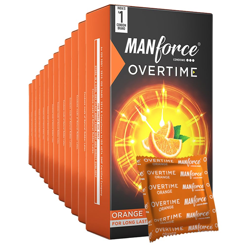 Manforce Overtime Orange Flavoured Condoms for Men| 3-in-1 Ribbed, Contoured, & Dotted for Extra Stimulation| Lubricated Latex Condoms| 10pcs x Pack of 12-image-20