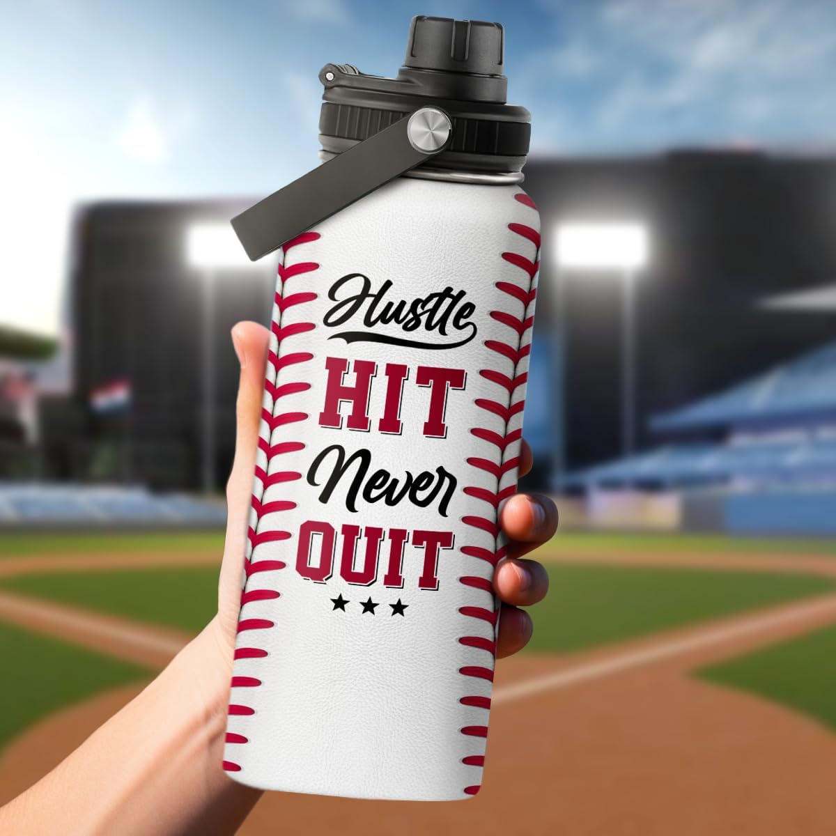 Baseball Water Bottle 32oz Hustle Hit Never Quit Stainless Steel Insulated Bottle for Men Women Sports Lovers Baseball Fans - Image 7