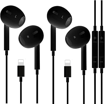 2 Pack iPhone Wired Earbuds Earphones, APPLE MFi Certified In Ear Lightning Headphones Compatible with iPhone 14/13/12/11/8/7/X/Pro/Pro Max iPad Black
