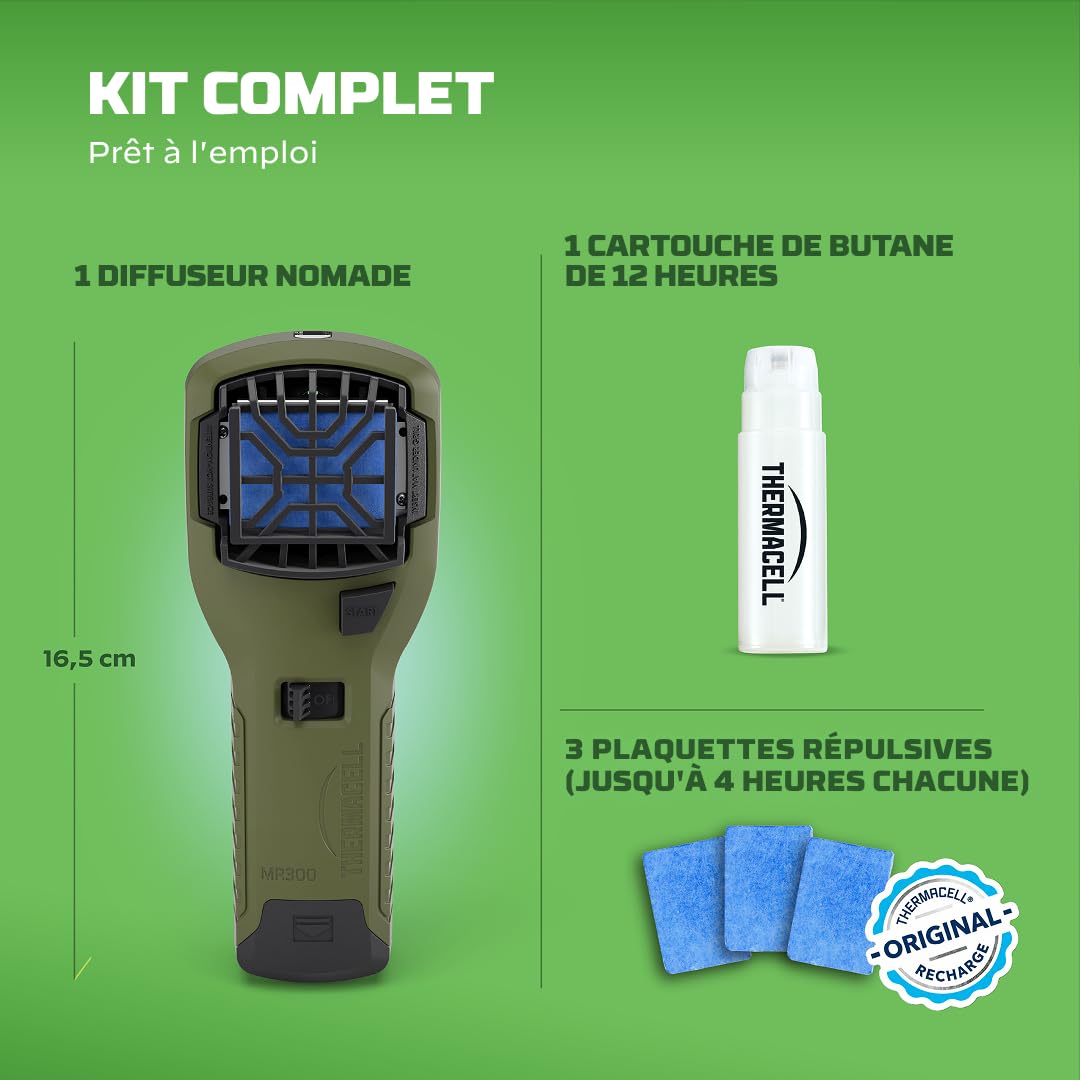 THERMACELL Diffuseur Anti Moustiques Portable Nomade - 15m² - 12h - Vert | Répulsif - Inodore - 1 Cartouche Gaz + 3 Plaquettes - THNATNOMADVERT
