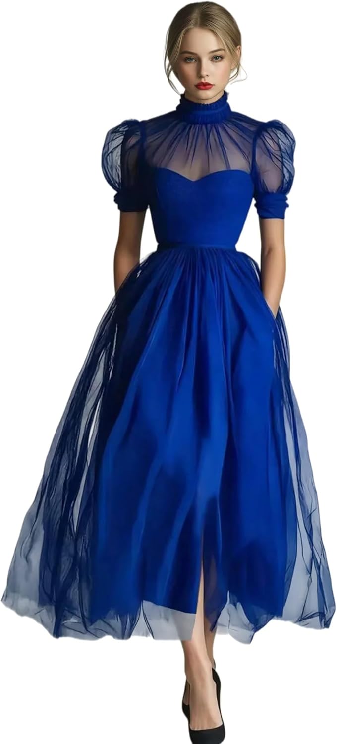Dydsz High Neck Prom Dress for Women Midi Formal Dress with Puffy Sleeve A Line Tulle Wedding Guest Party Dresses with Silt