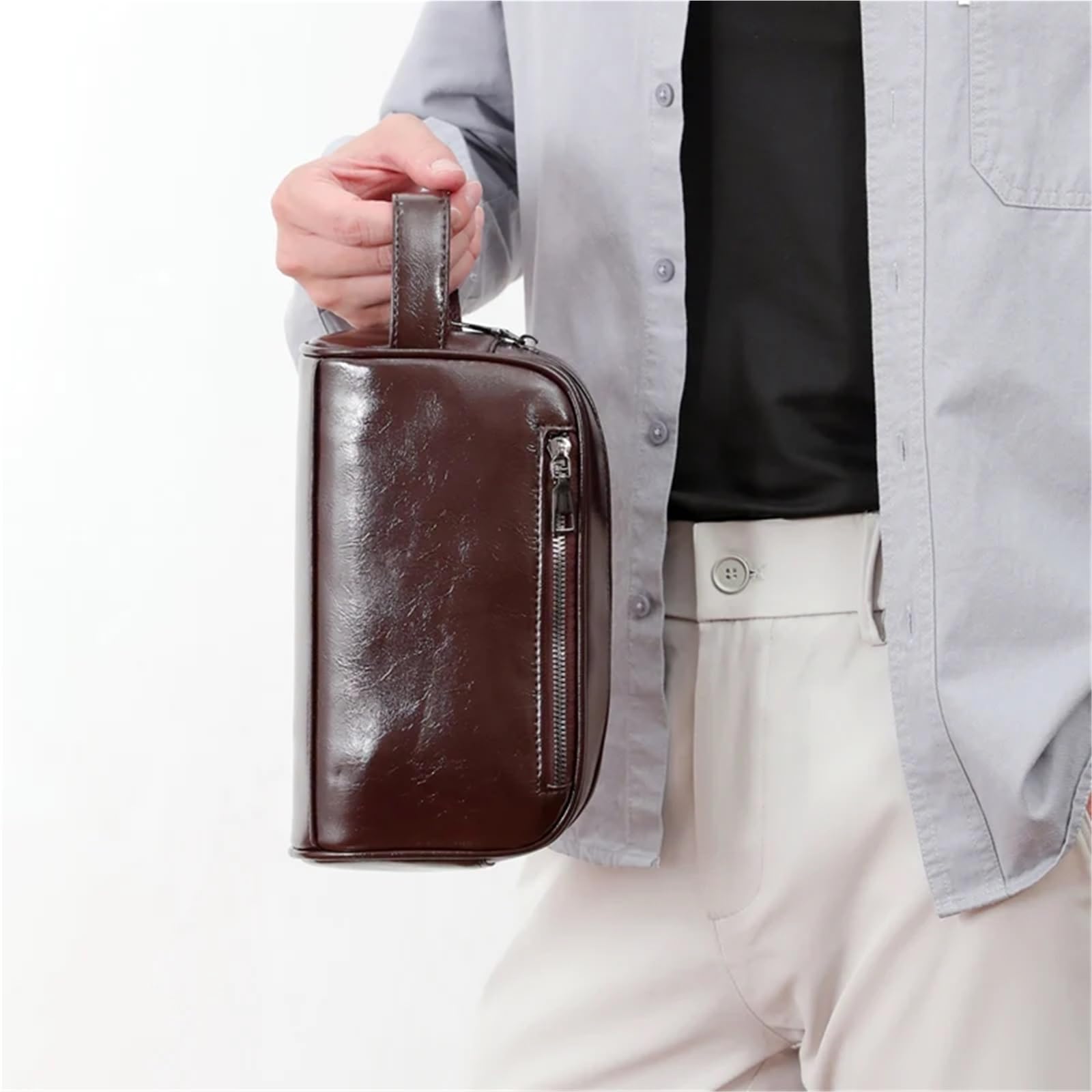 Pochette da uomo Borsa da uomo Borsa da polso in pelle cerata con cerniera lunga Portafoglio for telefono