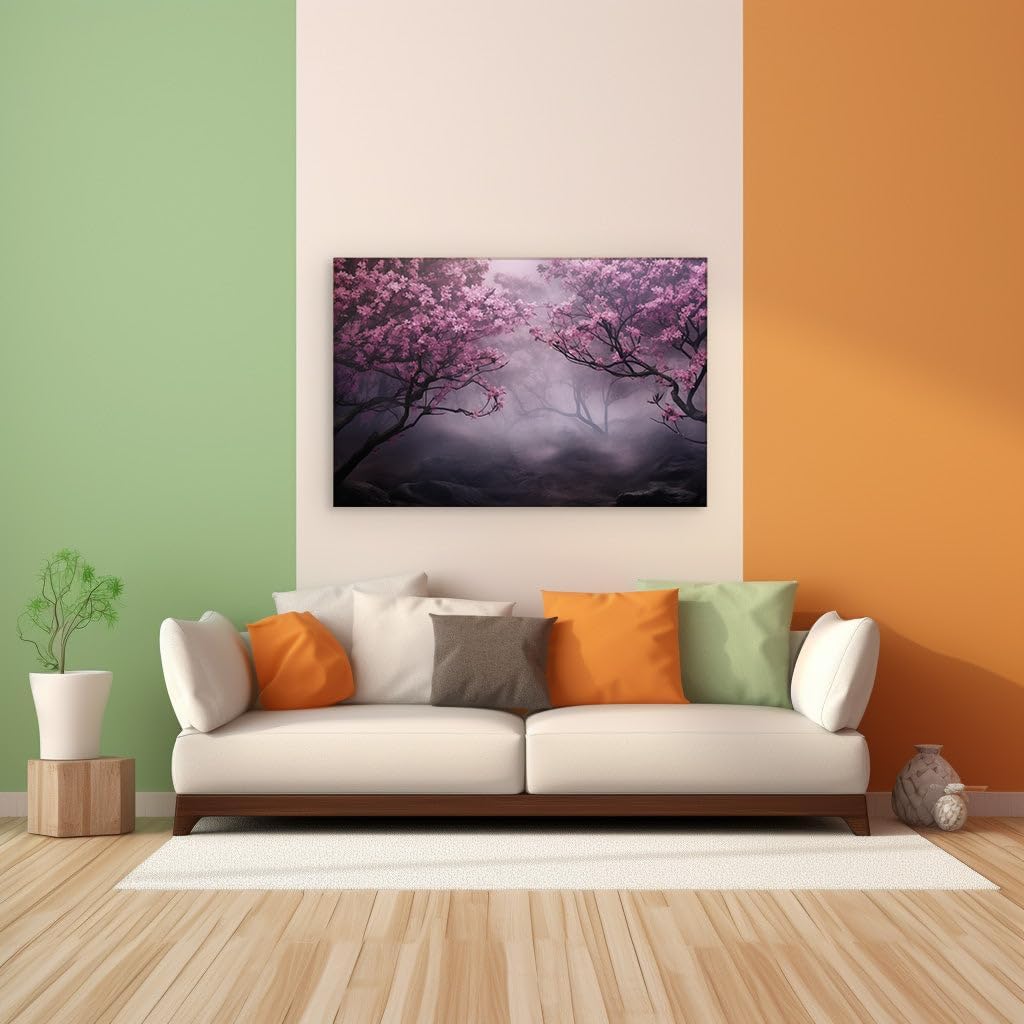 Canvas for Living room. Whispers of Blossoms: Journey Through the Mysterious Fog-Enshrouded Forest, 27 x 18 inch Canvas Wall Art - Modern Home Decor - 69x46 cm (27x18 inch)