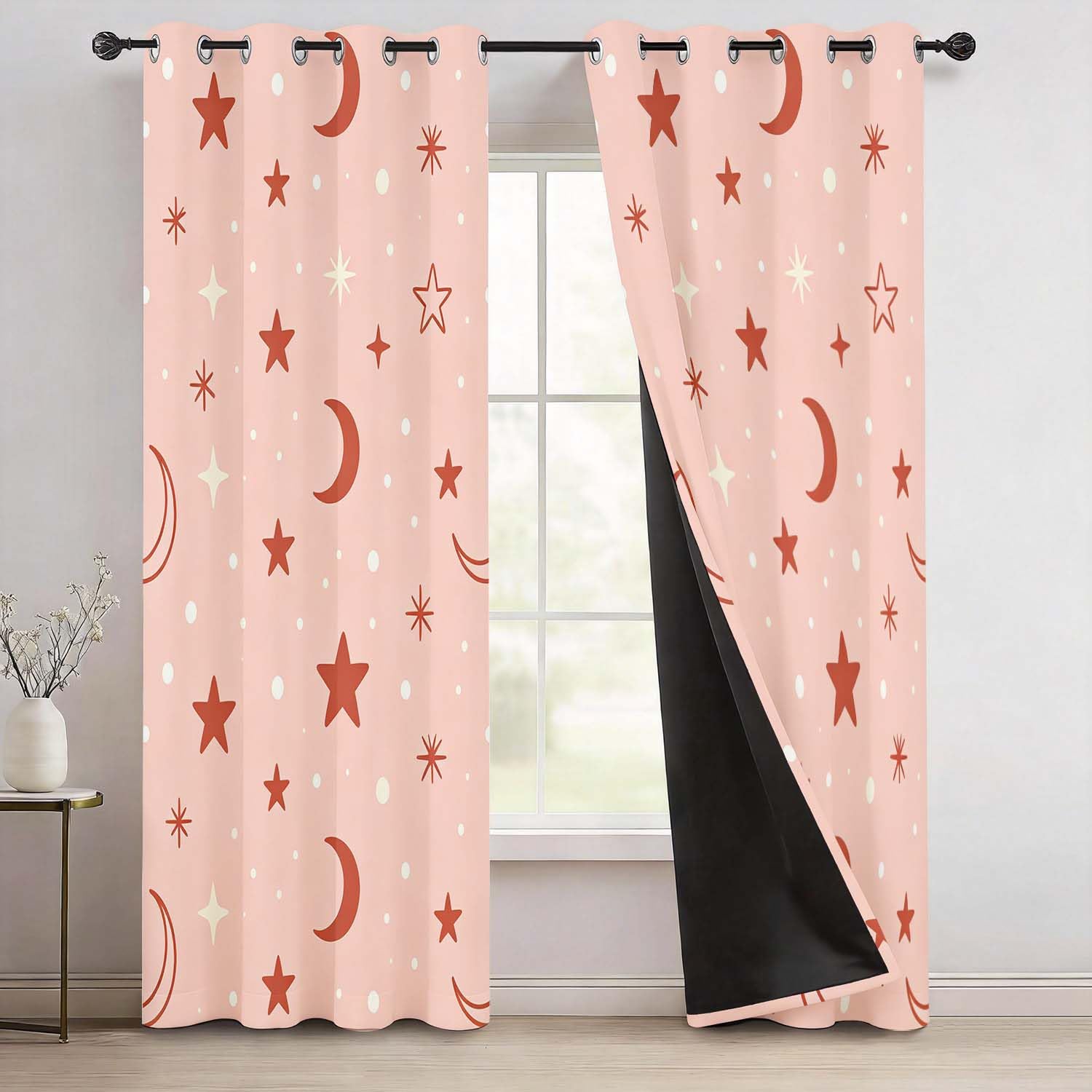 Rideaux Occultants Ciel étoilé Rose Imprimés 3D à Oeillets, Lot de 2