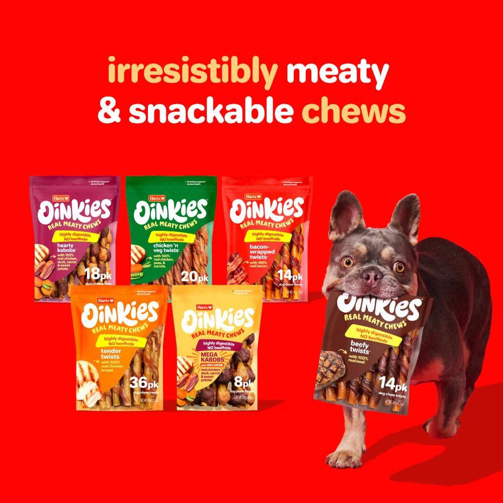 Hartz Oinkies Hearty Kabob Hundeleckerlis Huhn, Ente, Süßkartoffel und Karotte, Rohlederfrei, natürliche Hundeleckerlis, hochverdauliche, langlebige Kauartikel, 36 Stück