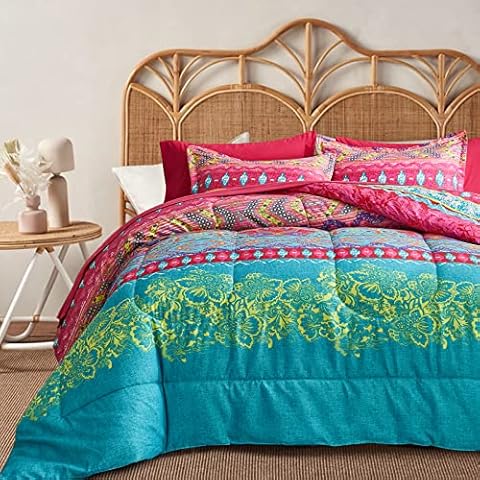 Flysheep Boho Bed in a Bag 7 Pieces Queen Size, Colorful Bohemian Tribal Style Pink n Blue Floral Reversible Comforter Set (1 Comforter, 1 Flat Sheet, 1 Fitted Sheet, 2 Pillow Shams, 2 Pillowcases) Cover