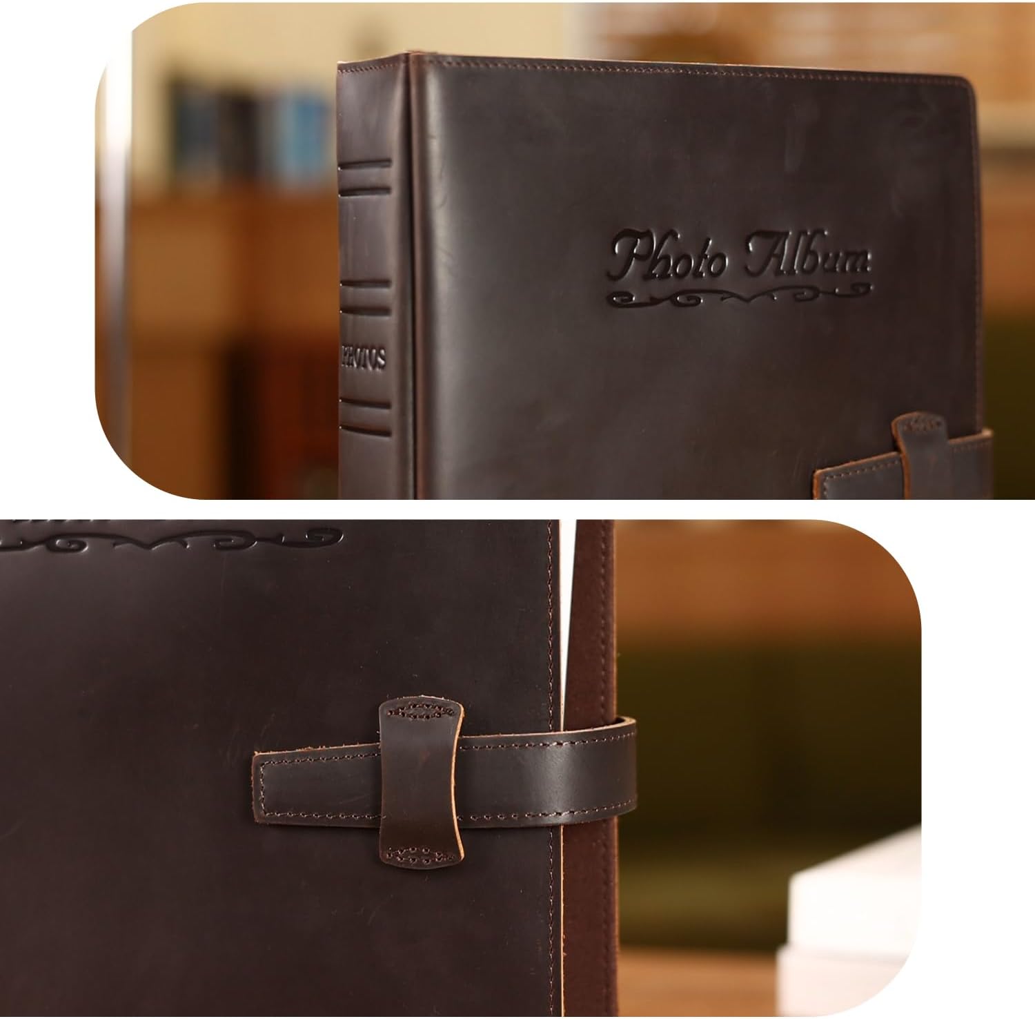 Polare Full Grain Leather Vintage Photo Album 4x6 200 Photos, Memory Album Photo Book with 20 Writing Papers, Binder Pocket Scrapbook Photo Album for Brithday Wedding Anniversary Graduation Travel