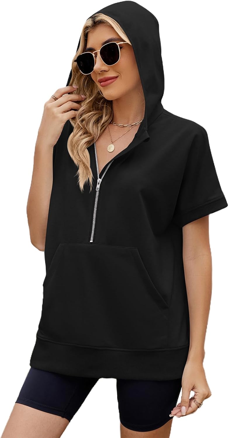 Women Summer Hoodies Shirt Short Sleeve Half Zip Loose Fit Oversized Plus Size Tunic Top Spring Fall