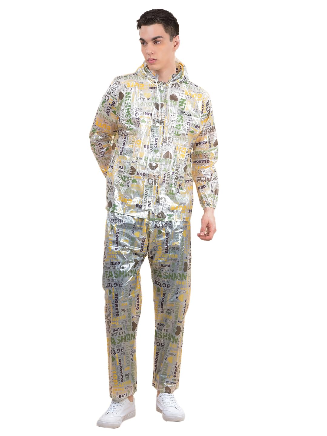 dollar Unisex Waterproof Printed PVC Raincoat Jacket & Pant Set | Zipper & Button Closure | Adjustable Hood & Pocket | Lightweight Full Body Rain Suit for Men & Women Outdoor Use-picture-14