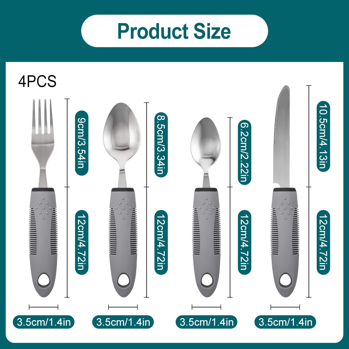 4 Pièces Cuillère Couvert Parkinson Easy Grip Set, Couverts Adaptatifs avec Poignée Épaisse, Couverts Parkinson Ergonomiques en Acier Inoxydable pour les Personnes Âgées, Handicapées, Parkinson