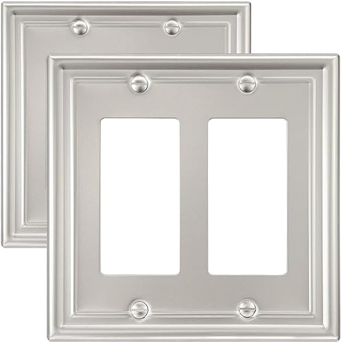 Paquete de 2 placas de pared decorativas dobles, placa eléctrica de níquel satinado para receptáculo, interruptor de atenuación, salida GFCI, tamaño