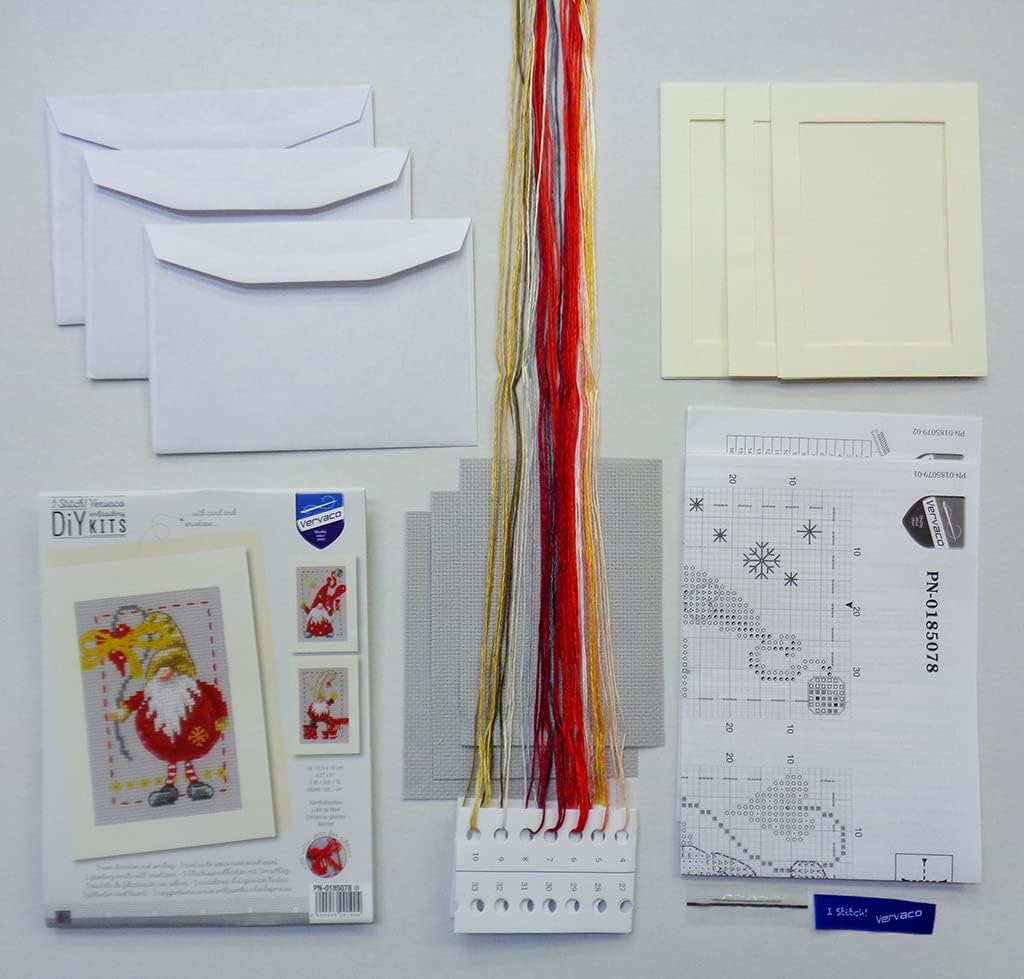 Vervaco Counted Cross Stitch Greeting Card Kit 4.2"X6" 3/Pk-Christmas Gnomes on Aida (14 Count) -V0185078
