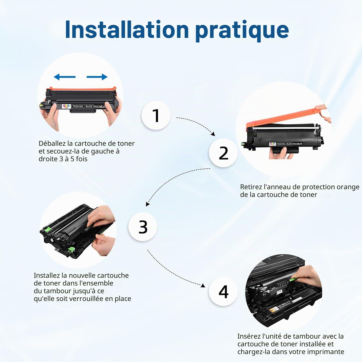 TN-2510XL Cartouche de toner, lot de 4, haute capacité compatible avec TN-2510 XL TN2510XL pour DCP-L2620DW MFC-L2800DW HL-L2400DWE MFC-L2827DW HL -L2445DW DCP-L2660DW MFC-L2860DW (noir, lot de 4)