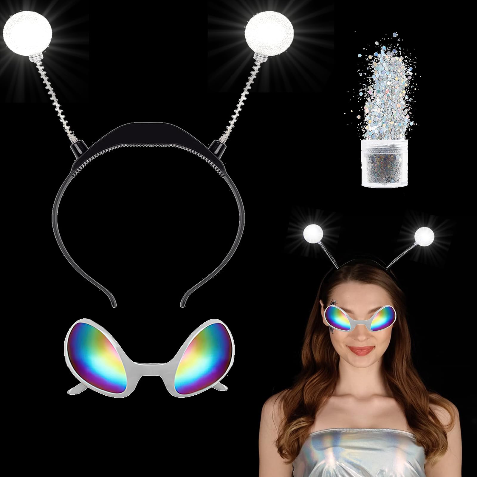 LETTERASHQP Serre-Tête Alien Argenté - Accessoire Déguisement SF Pour Femmes, Hommes, Enfants