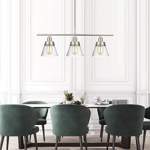 Miniatura 9 de Moderna iluminación de isla de cocina de níquel cepillado, candelabro lineal de vidrio semillado transparente, lámpara colgante de 3 luces para
