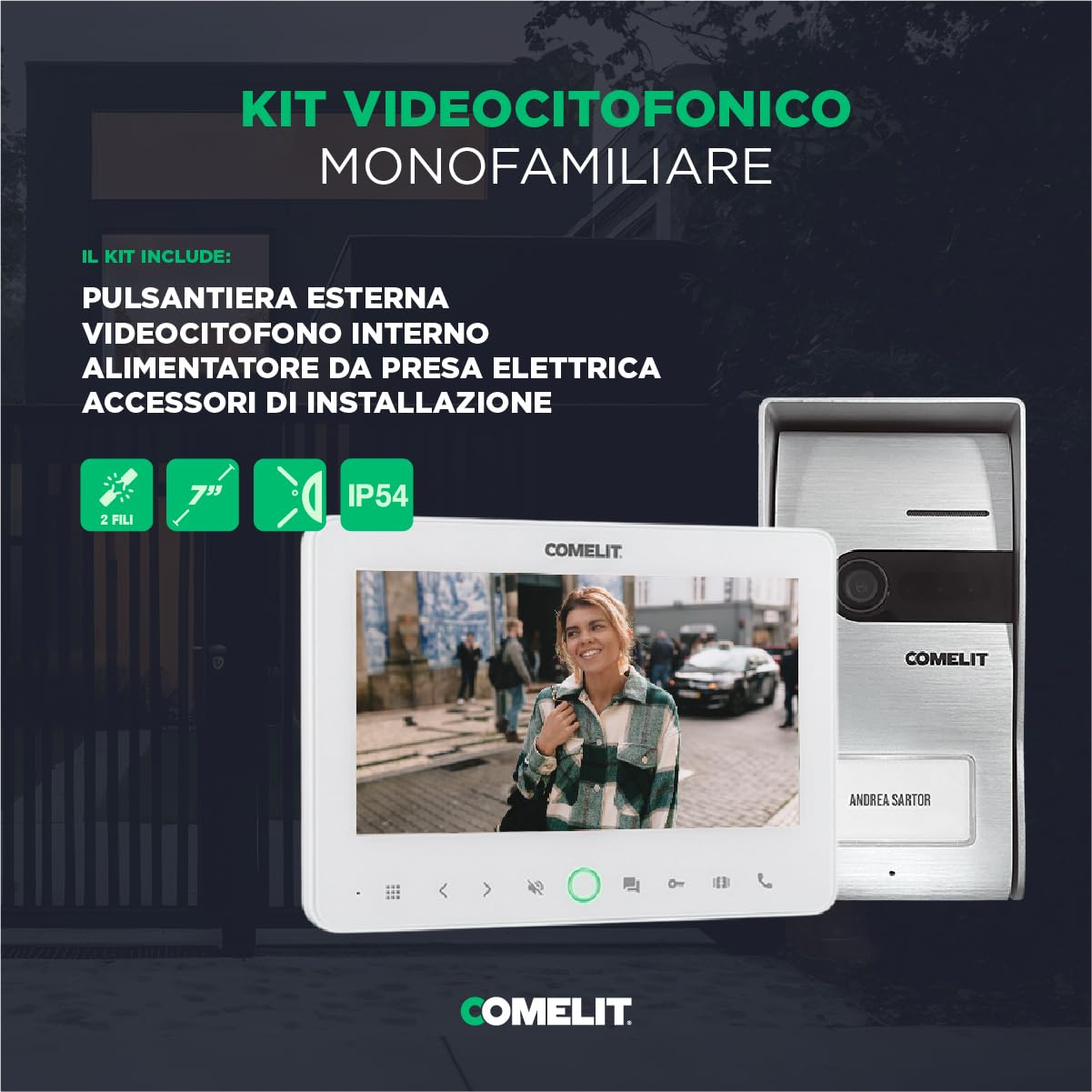Comelit Video-Türsprechanlage 2 Drähte mit Monitor 7 Zoll für Haus | Komplettes System mit Bildspeicher, anpassbaren Klingeltönen und regenfestem Knopf
