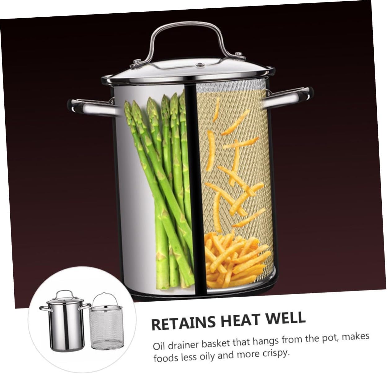 Stainless Steel Fryer Pot with Oil Drainer Basket Non Stick Deep Frying Tool Overflow Multi Purpose Kitchen Frying Pot for Crispy Low Oil Cooking