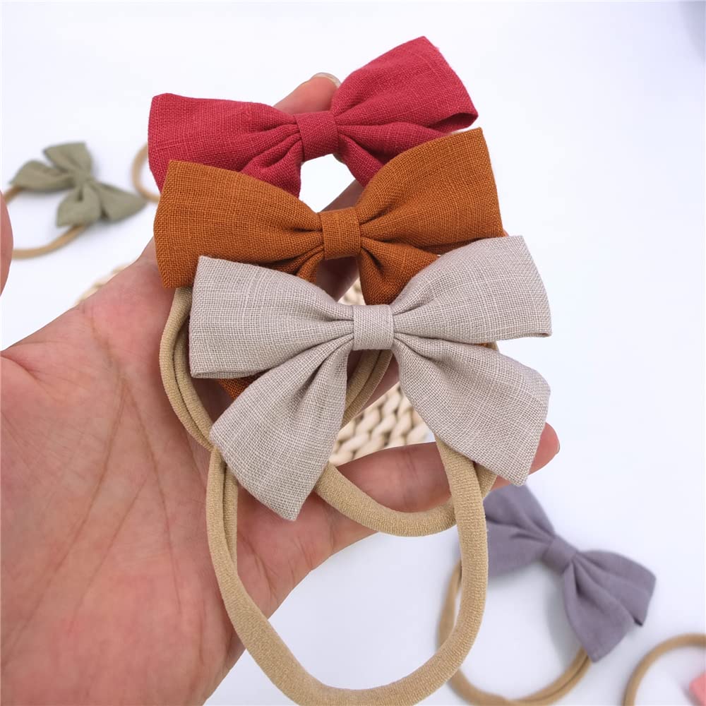12 Pcs Cute Linen Bow Nylon Headband for Newborn Infant Toddler Hair Bow Elastic Bands Baby Girls Little Kids Headbands (Linen Sailor bow 3.2'') - Image 3