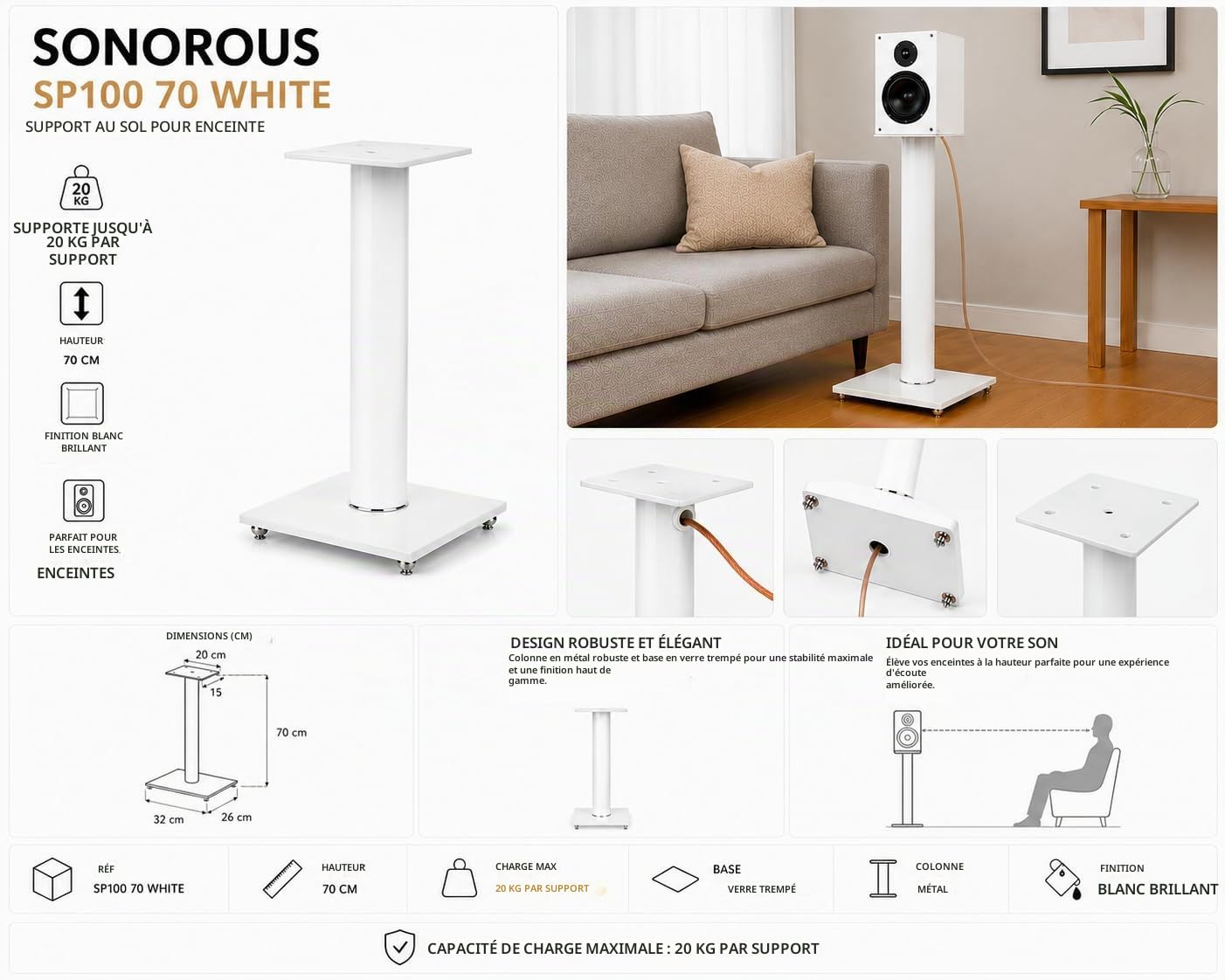 Sonorous SP100-70 Blanc – Paire de Supports pour Enceintes 70 cm | Pieds de Sol en Aluminium et Verre | Charge Max. 20 kg par Support | Gestion des Câbles Intégrée
