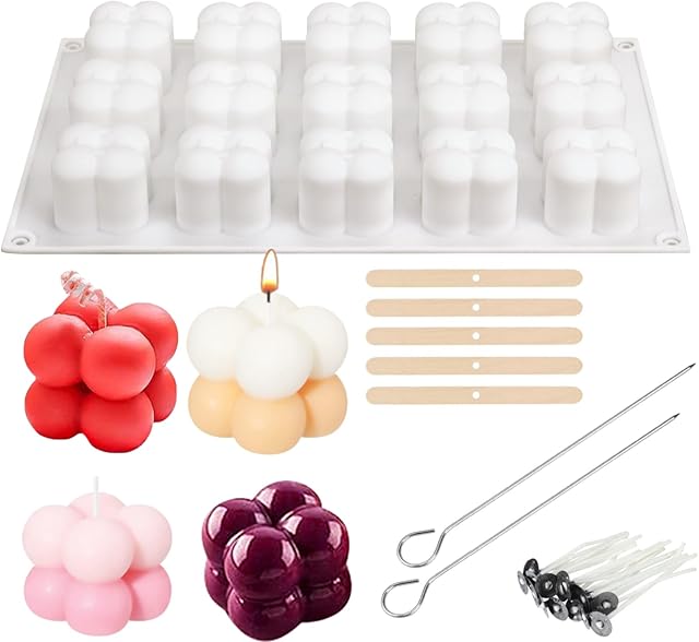 Silicone Candle Mould Set with Candle Wicks Clips Needles, Bubble Candle Moulds, Candle Moulds for Candle Making, Soap Making Resin Mould for Handmade Chocolate, Pudding, Clay, Ornament