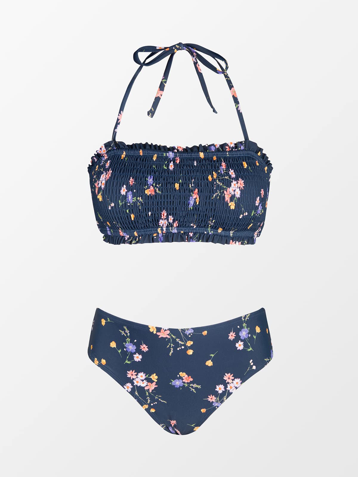 CUPSHE Ensemble bikini dos nu bandeau volants bretelles amovibles motif floral smocké maillot de bain deux pièces maillot de bain bleu marine floral XL