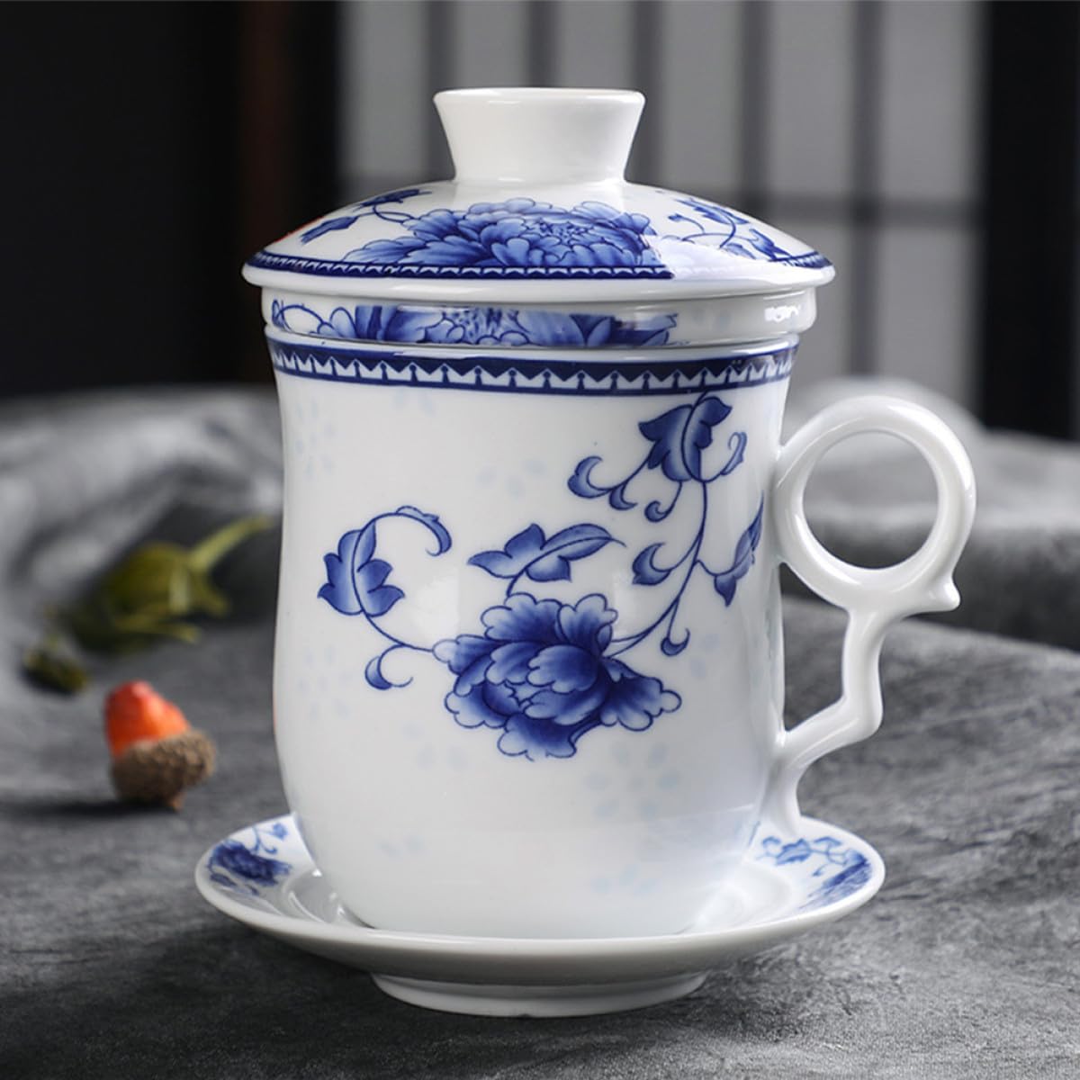 Abaodam Juego de Taza de Té Tradicional China de Cerámica Tapa y Filtro, Set de 4 Piezas Adecuado para Hotel y Restaurante