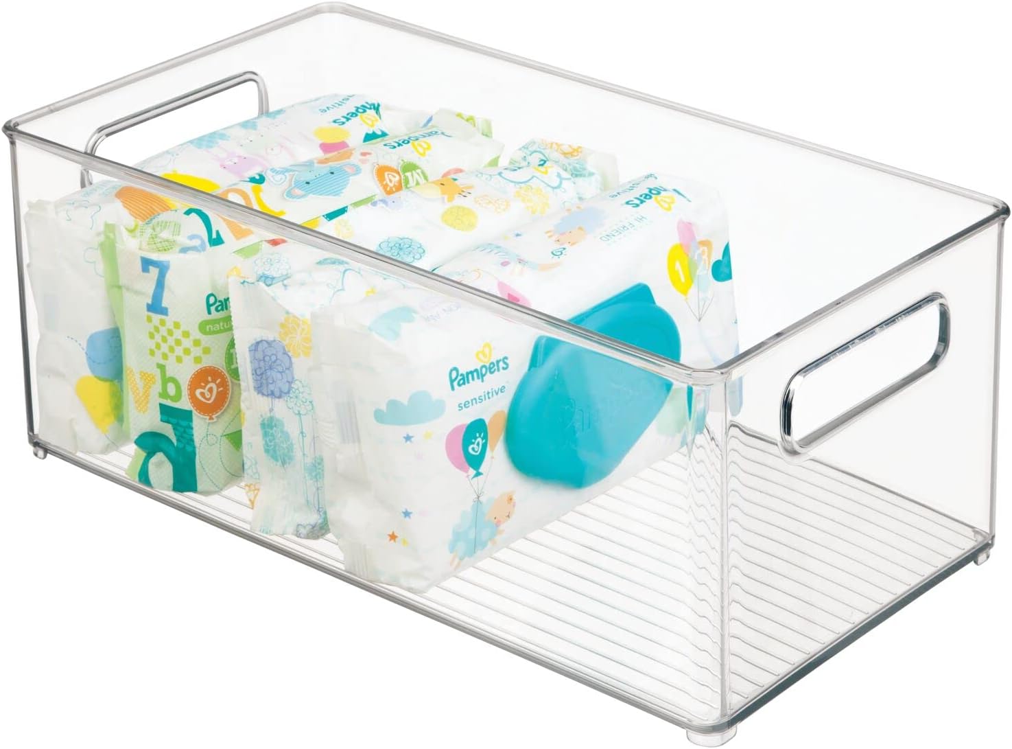 mDesign Plastic Deep Bin Organizer Caddy Container w/ Handles for Nursery, Kitchen, Pantry, Bathroom, Cabinet Storage Organization – Holds Snacks, Bottles, Baby Food Jar, Diaper – 14″ Long -Clear