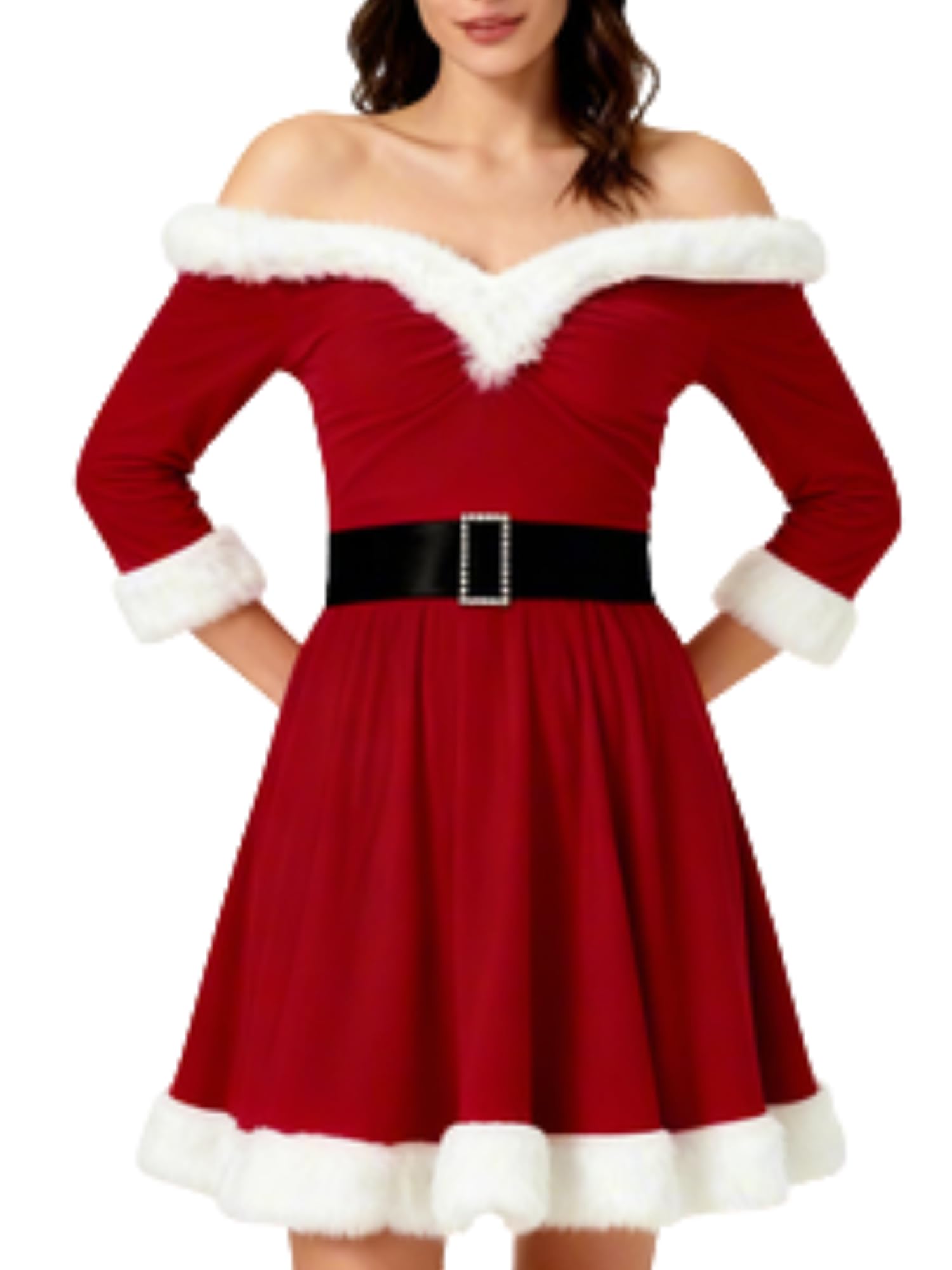 SANSIWU Mrs Santa Claus Costume Off Shoulder Sequined Velvet Fur Trim Patchwork Christmas Dress Sexy Santa Dresses With Belt (C-01, S) โ image 1