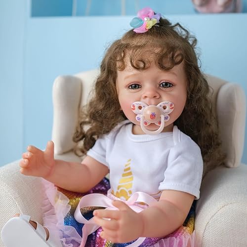 Miniatura 4 de TERABITHIA Muñeca de bebé Reborn de 22 pulgadas de pelo rizado con raíces en cuerpo completo de silicona con aspecto realista de vinilo de silicona