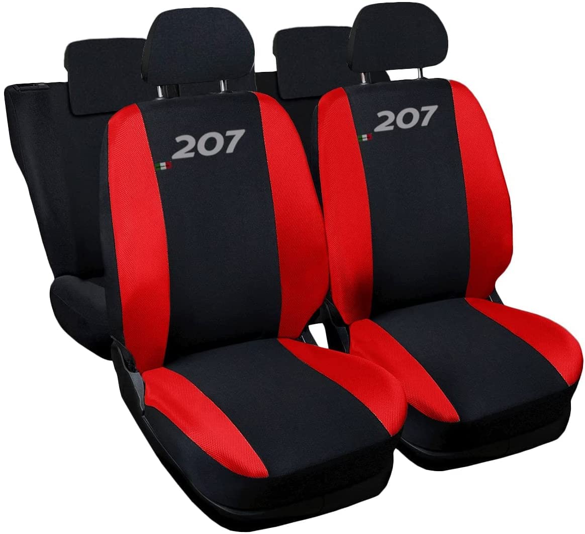 Rebeca Shop® Housses de sièges de voiture compatibles 207 | Fabriqué en Italie | Ensemble de housses de siège avant et arrière | Logo brodé | Compatible avec airbag | Intérieur (Noir/Rouge)