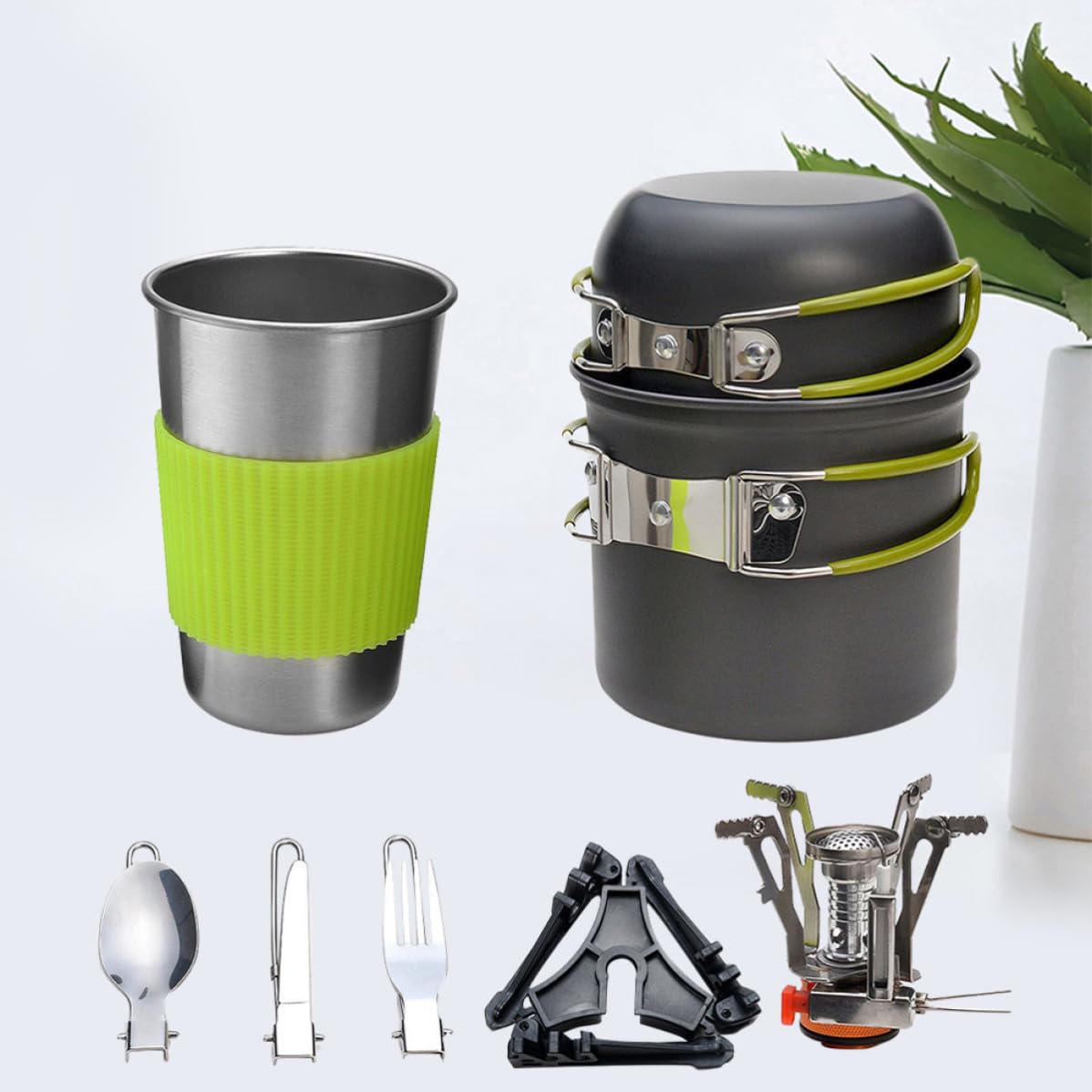 Juego de Ollas Portátiles para Acampar, Aleación de Aluminio Verde