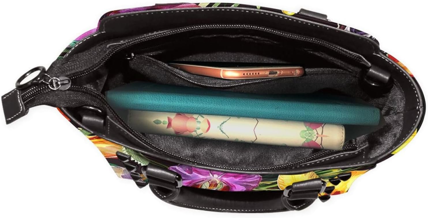 Leather Shoulder Bag for Women, Tropical Leaves Flower Studded Purse Skull Floral Crossbody Handbags Punk Hobo Bag with Adjustable Strap