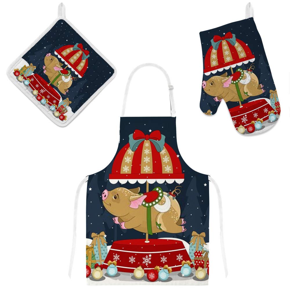 Tablier de cuisine Noël et 2 maniques cochon motif festif