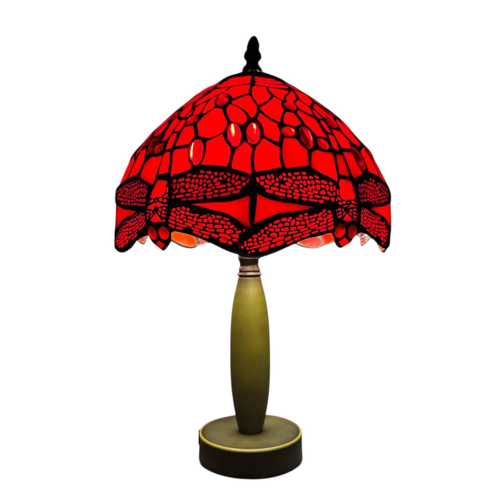Auroh Tiffany Lamp 10 inch Scarlet Red Dragonfly - Metal Base Table Lamp