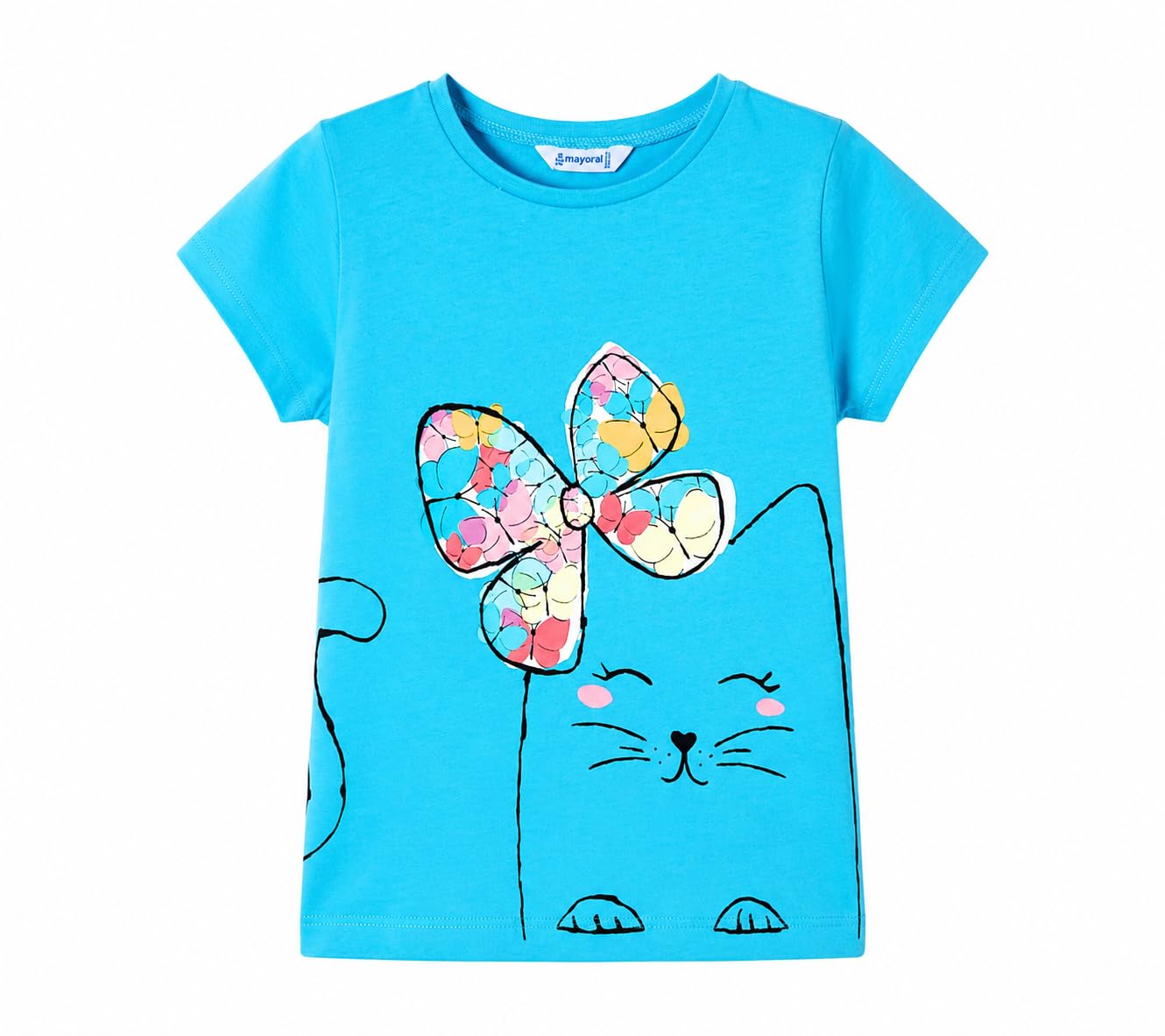 Mayoral T-Shirt Bambina 3-9 Anni Azzurra in Cotone con Stampa Gattino e Fiocco Colorato in Rilievo Maglietta Estiva Manica Corta Leggera e Comoda, 3048