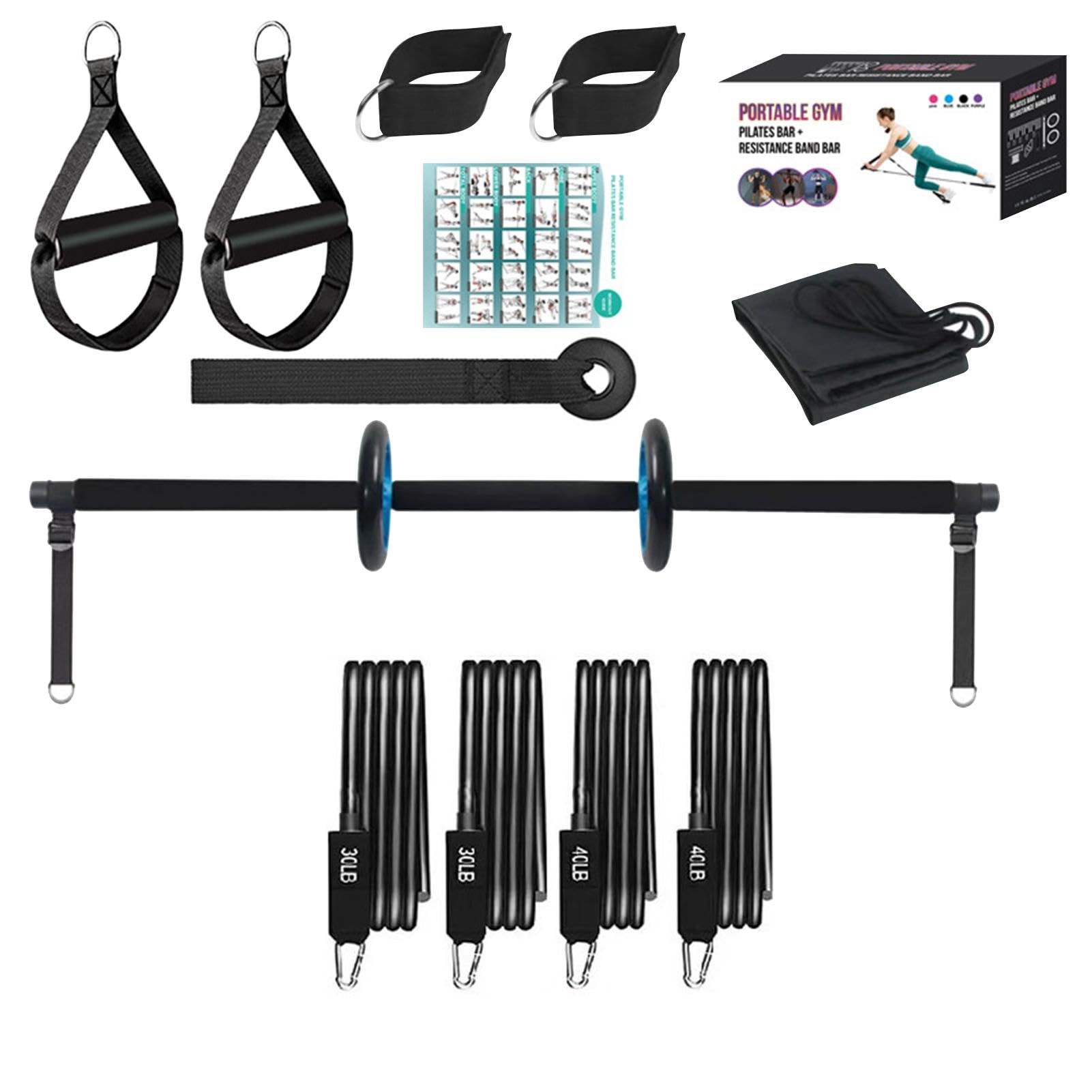 Kit de barra de Pilates con bandas de resistencia,Kit de barra de Pilates para mujer,Barra de entrenamiento en casa con bandas de resistencia - Kit portátil de de ejercicio para Pilates, multifunciona