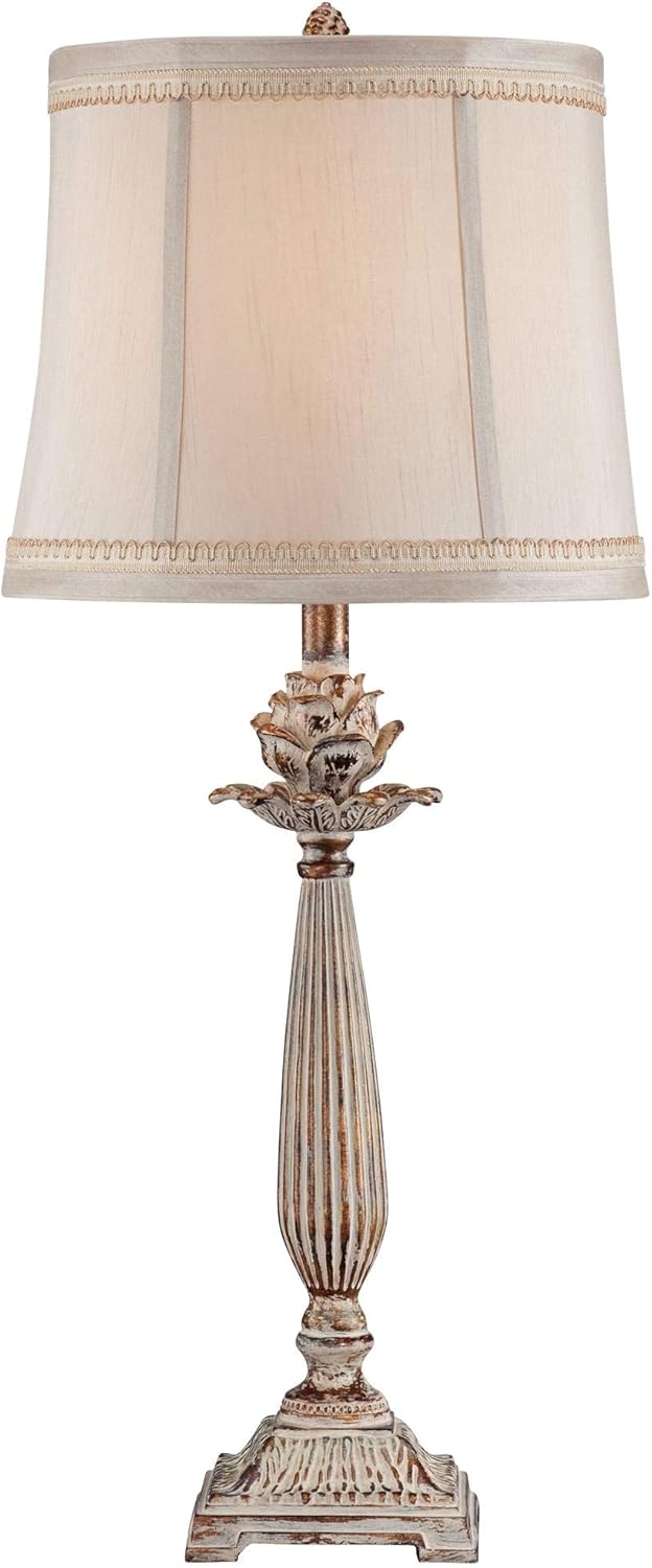 Regency Hill Shabby Chic French Country Table Lamps 28" Tall Set of 2 Antique White Washed Petite Artichoke Font Beige Fabric Bell Shade for Cottage Core Living Room Bedroom House Bedside Nightstand