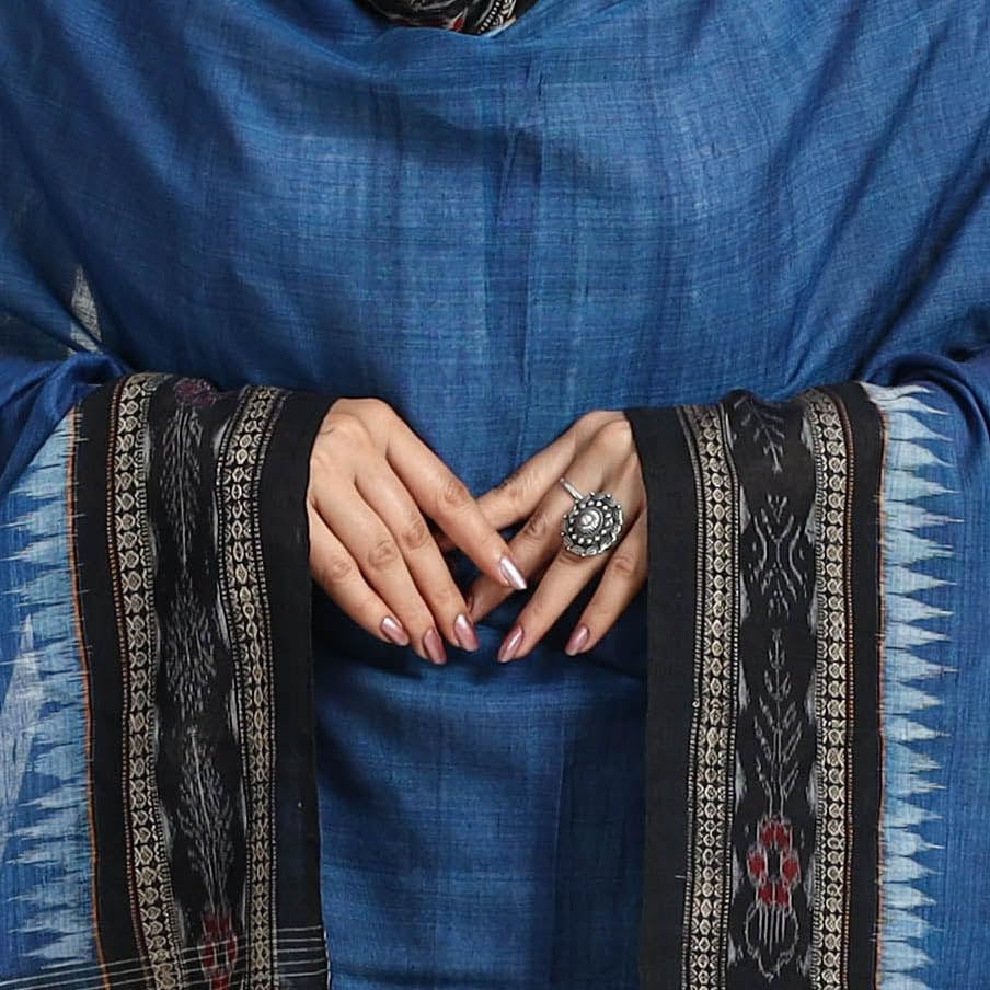 Image of Cotton Dupatta with weaving and Ikat woven border from the Weavers Stole for Girls & Women