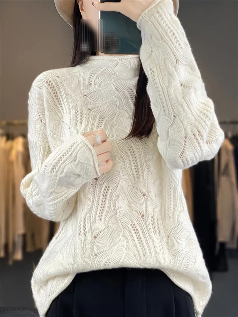 Dninmim Suéter de lana de manga larga con cuello alto para mujer, suéter de punto hueco