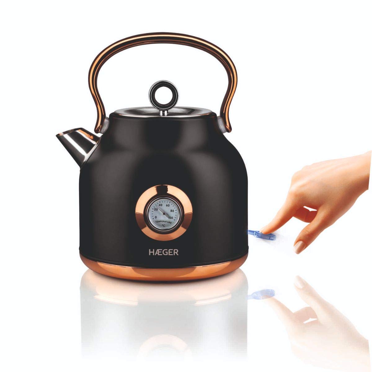 HAEGER ART DECO BLACK - Hervidor electrico en Acero Inox, 1.7 Litros, 2200W, Sistema sin cables y Base giratoria de 360º, Resistencia oculta, Protección contra el sobrecalentamiento